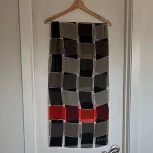 Vintage Echo Modern Geometric Sheer Silk Long Silk Scarf  Black, Gray, Red